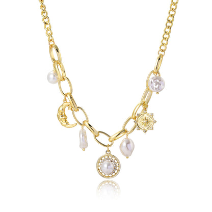 Cubic Zirconia and Pearl 18K Gold-Plated Moon Pendant Necklace, gold pendant necklace for women, everyday style, side view