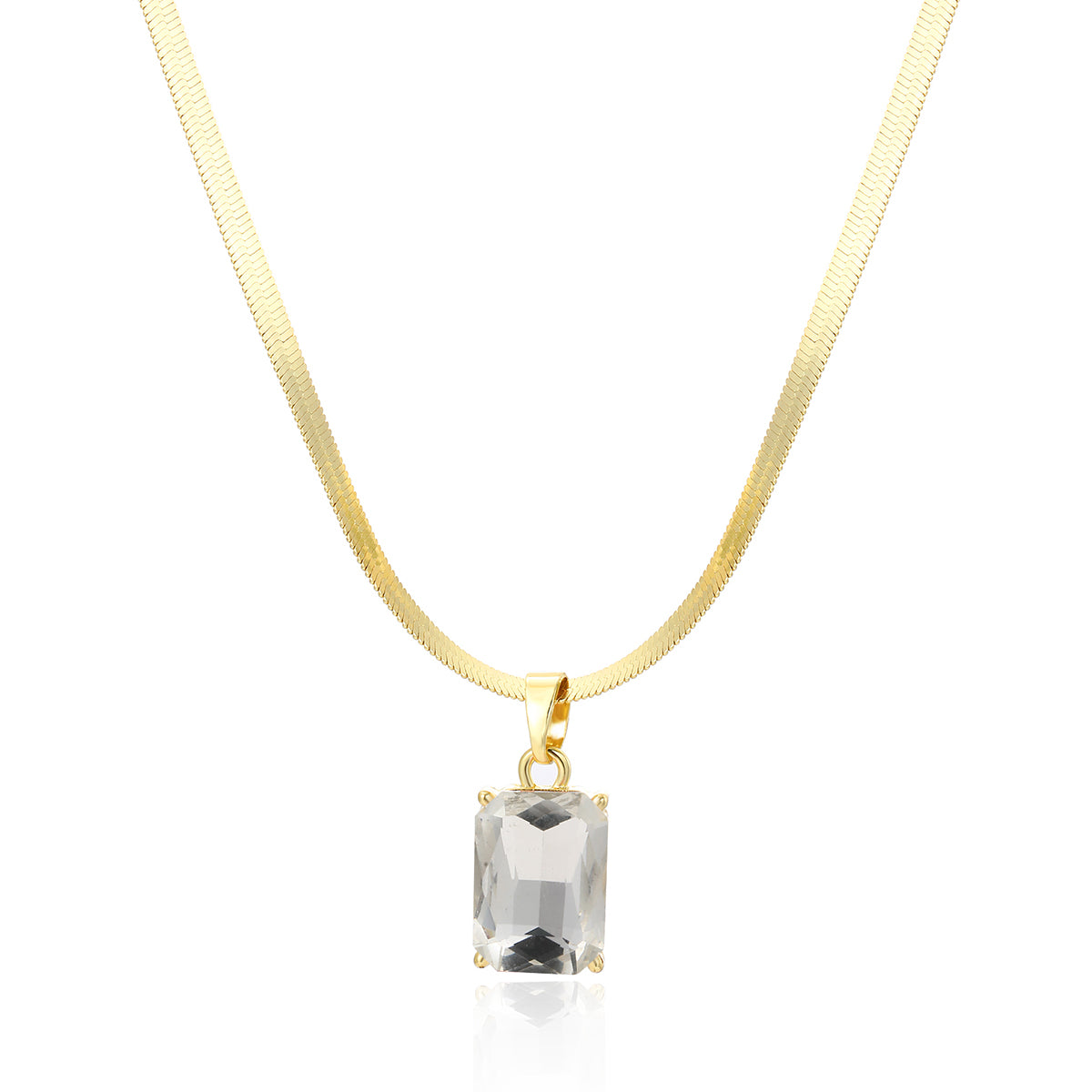 Crystal and 18K Gold-Plated Herringbone Pendant Necklace, gold pendant necklace for women, elegant gift for her, front view