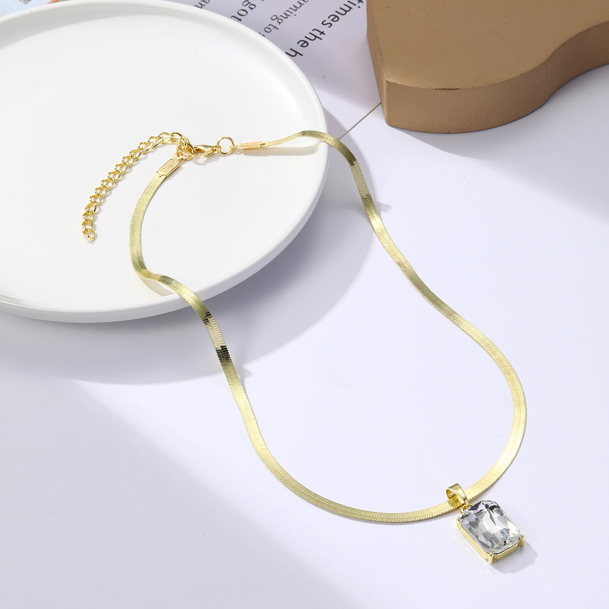 Crystal and 18K Gold-Plated Herringbone Pendant Necklace, gold pendant necklace for women, elegant gift for her, side view