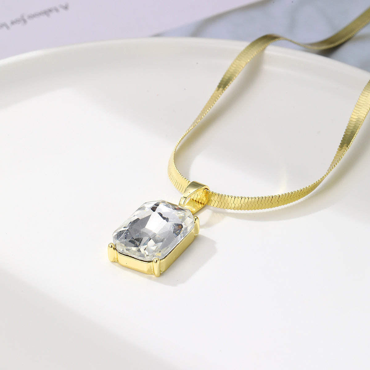 Crystal and 18K Gold-Plated Herringbone Pendant Necklace, gold pendant necklace for women, detail close-up