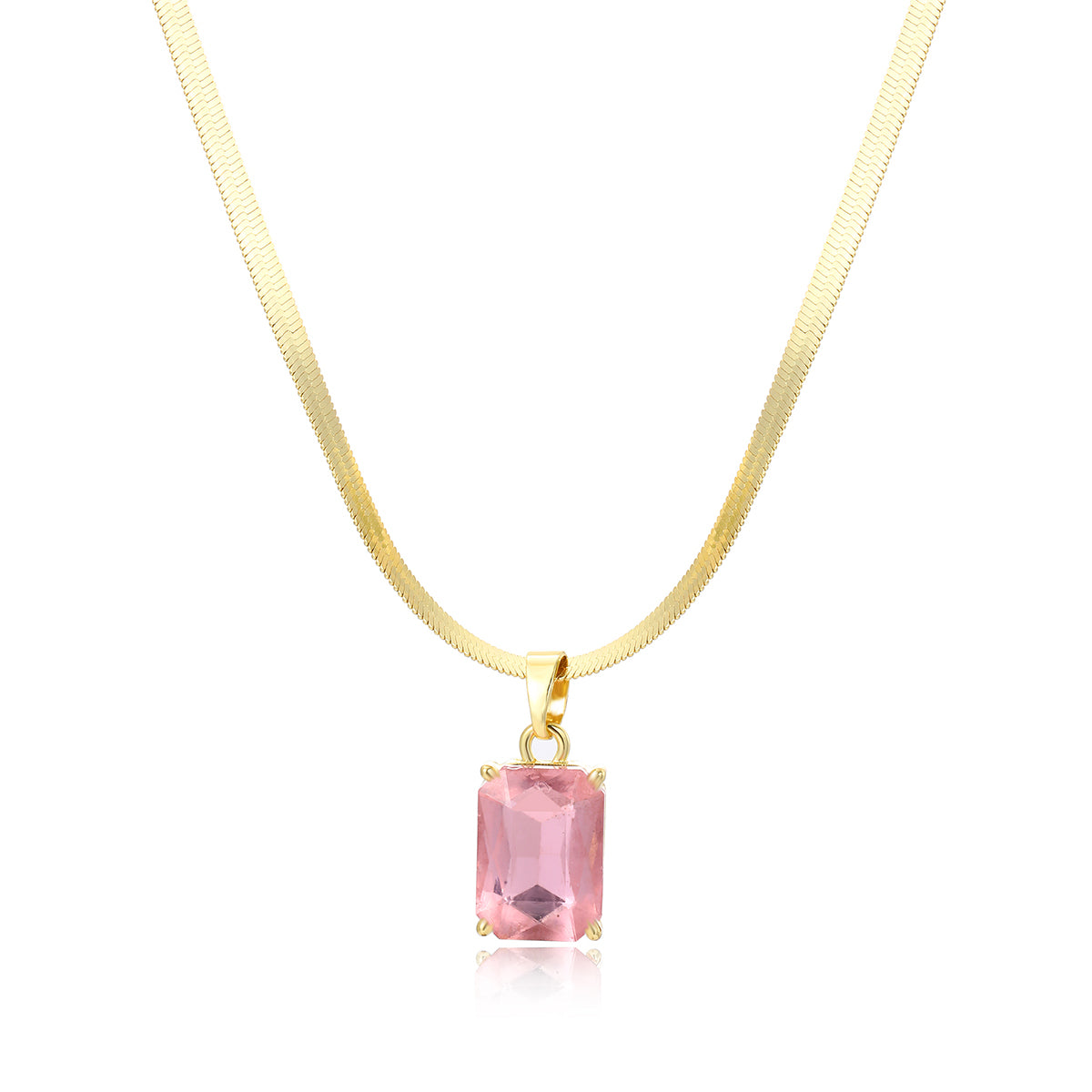 Pink Crystal and 18K Gold-Plated Herringbone Pendant Necklace, gold pendant necklace for women, everyday style, front view