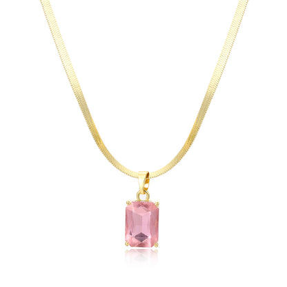 Pink Crystal and 18K Gold-Plated Herringbone Pendant Necklace, gold pendant necklace for women, everyday style, front view