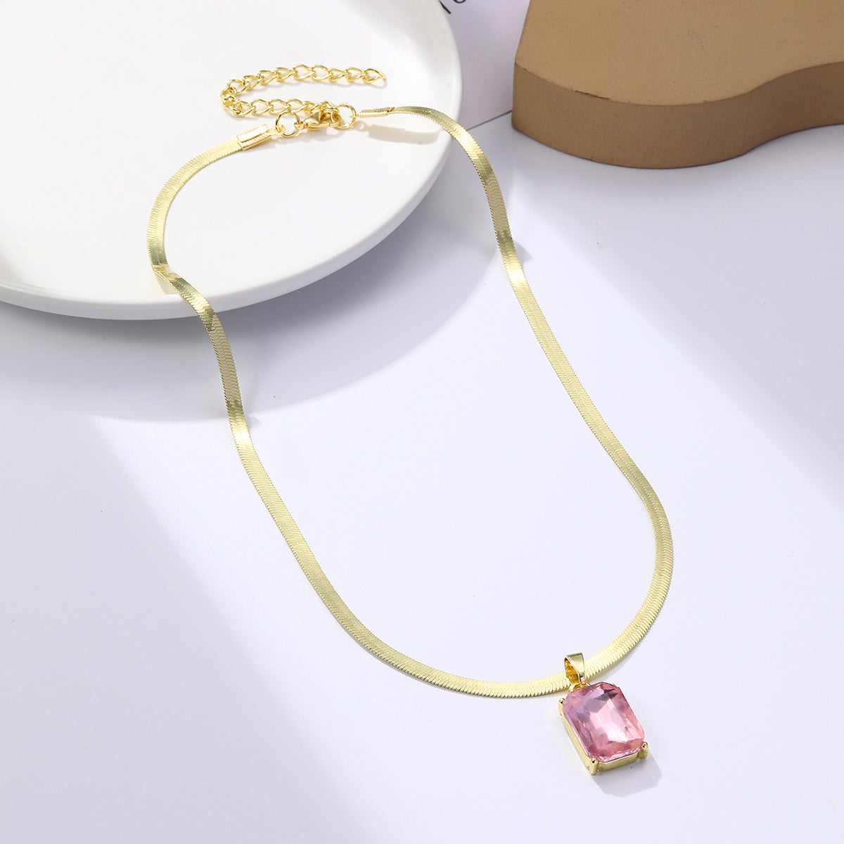 Pink Crystal and 18K Gold-Plated Herringbone Pendant Necklace, gold pendant necklace for women, everyday style, side view