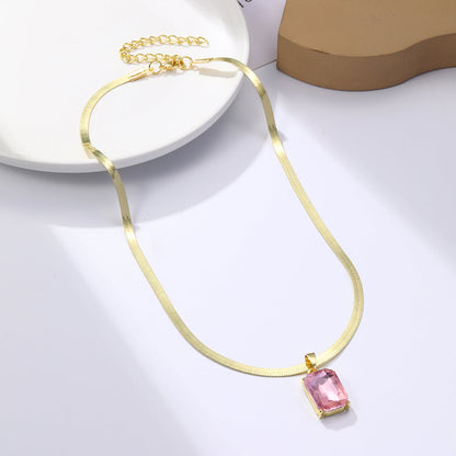 Pink Crystal and 18K Gold-Plated Herringbone Pendant Necklace, gold pendant necklace for women, everyday style, side view