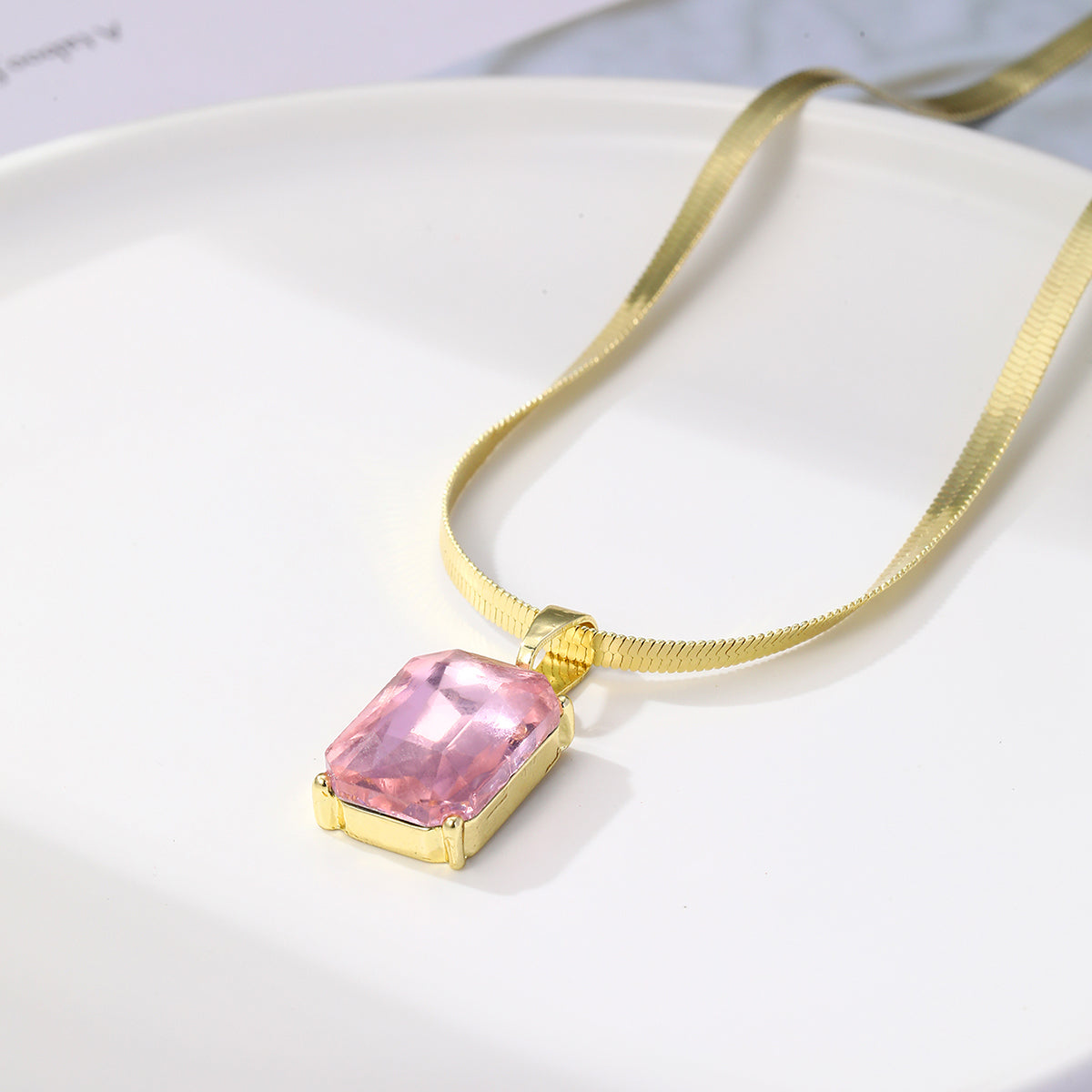 Pink Crystal and 18K Gold-Plated Herringbone Pendant Necklace, gold pendant necklace for women, detail close-up