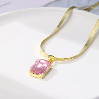 Pink Crystal and 18K Gold-Plated Herringbone Pendant Necklace, gold pendant necklace for women, detail close-up