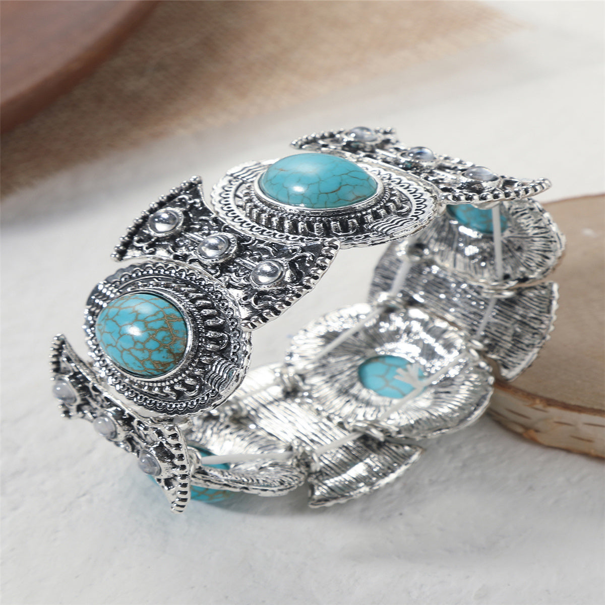 Turquoise & Moonstone Shield Wrap Stretch Bracelet