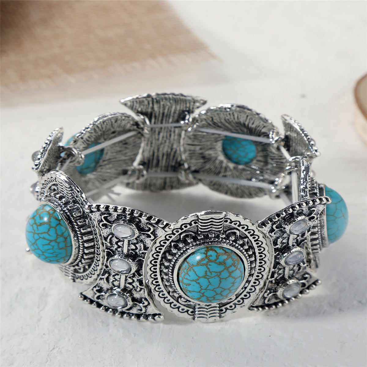 Turquoise & Moonstone Shield Wrap Stretch Bracelet