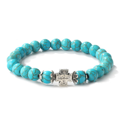 Turquoise and Silver-Plated Cross Charm Beaded Stretch Bracelet, silver bracelet for women, botanical inspired, front view