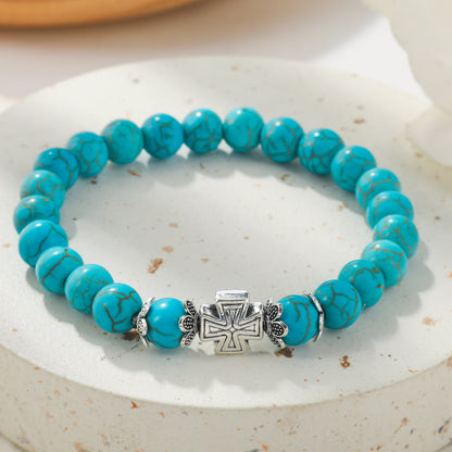 Turquoise and Silver-Plated Cross Charm Beaded Stretch Bracelet, silver bracelet for women, botanical inspired, side view