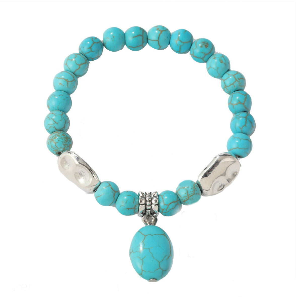 Turquoise and Silver-Plated Oval Charm Stretch Bracelet, silver bracelet for women, vintage-inspired design, front view