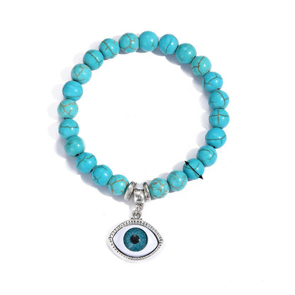 Turquoise and Silver-Plated Eye Charm Beaded Stretch Bracelet, silver bracelet for women, vintage-inspired design, front view
