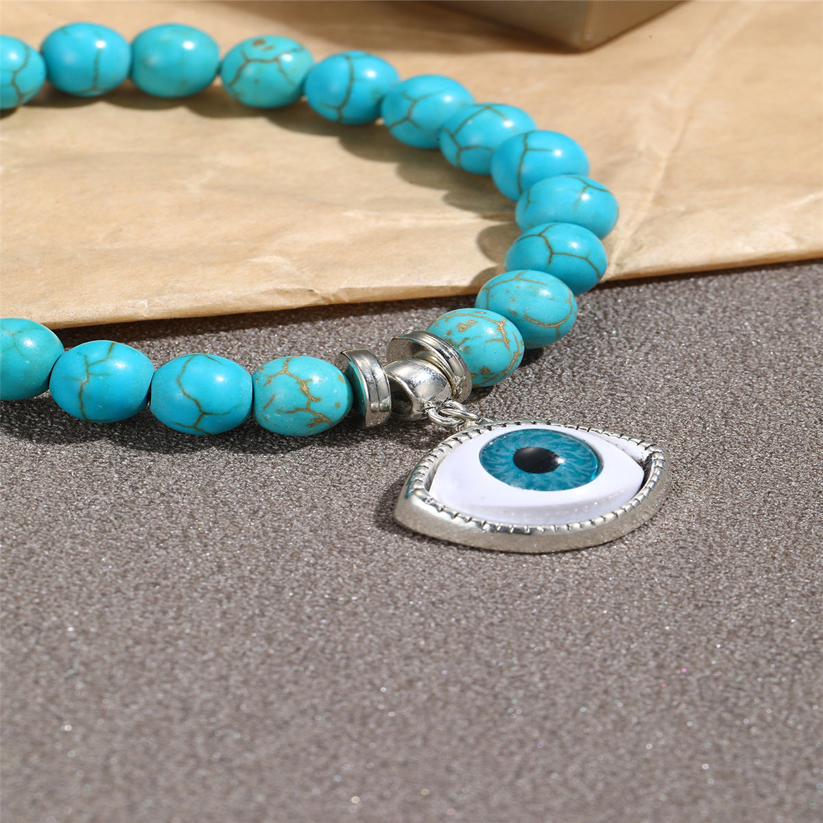 Turquoise and Silver-Plated Eye Charm Beaded Stretch Bracelet, silver bracelet for women, detail close-up