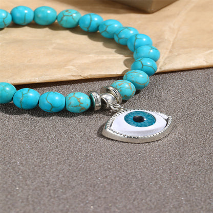 Turquoise and Silver-Plated Eye Charm Beaded Stretch Bracelet, silver bracelet for women, detail close-up