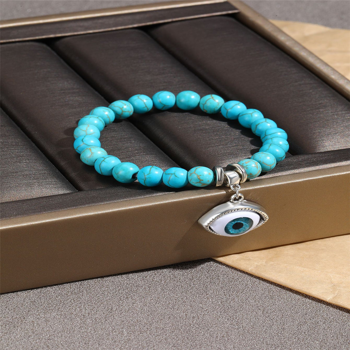 Turquoise and Silver-Plated Eye Charm Beaded Stretch Bracelet, silver bracelet for women, lifestyle look