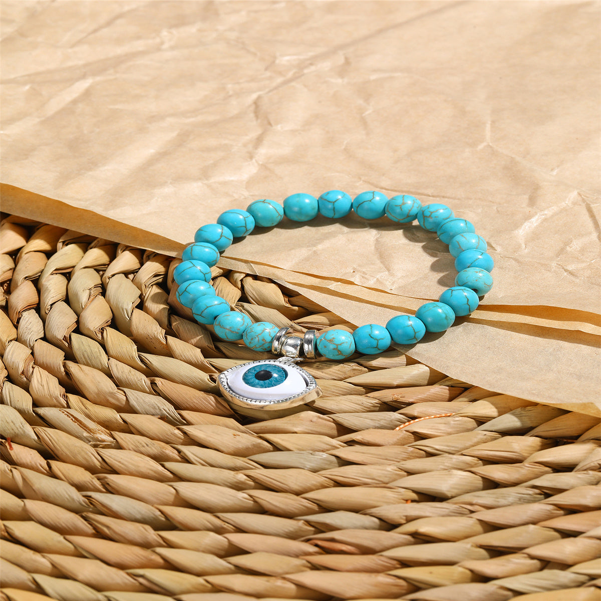Turquoise and Silver-Plated Eye Charm Beaded Stretch Bracelet, silver bracelet for women, vintage-inspired design, side view