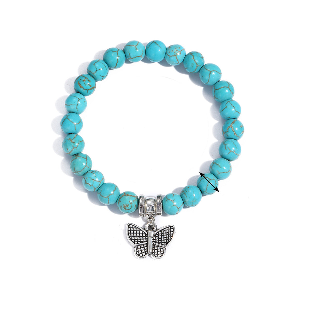 Turquoise and Silver-Plated Butterfly Beaded Stretch Bracelet, silver bracelet for women, elegant gift for her, front view