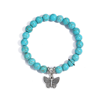 Turquoise and Silver-Plated Butterfly Beaded Stretch Bracelet, silver bracelet for women, elegant gift for her, front view
