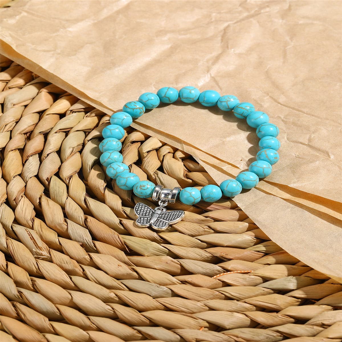 Turquoise and Silver-Plated Butterfly Beaded Stretch Bracelet, silver bracelet for women, elegant gift for her, side view
