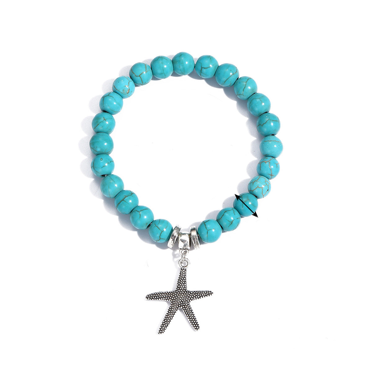 Turquoise and Silver-Plated Starfish Beaded Stretch Bracelet, silver bracelet for women, dainty minimalist design, front view