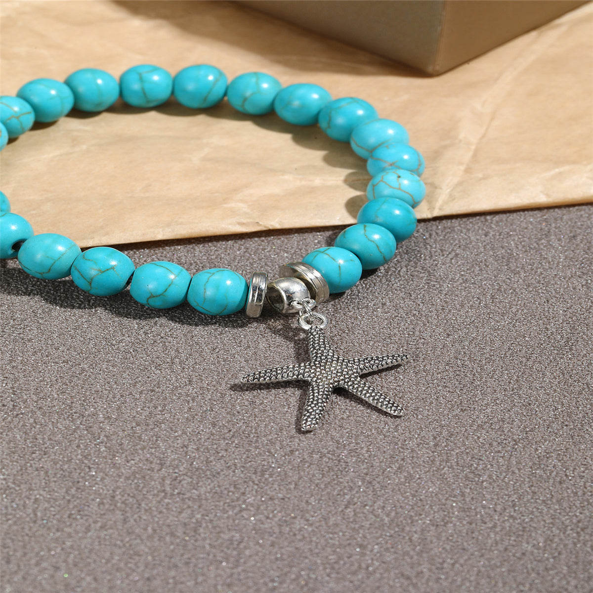 Turquoise and Silver-Plated Starfish Beaded Stretch Bracelet, silver bracelet for women, detail close-up