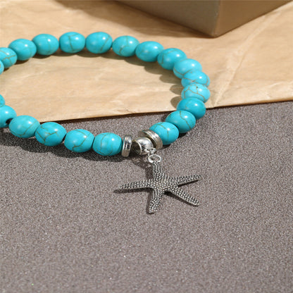 Turquoise and Silver-Plated Starfish Beaded Stretch Bracelet, silver bracelet for women, detail close-up