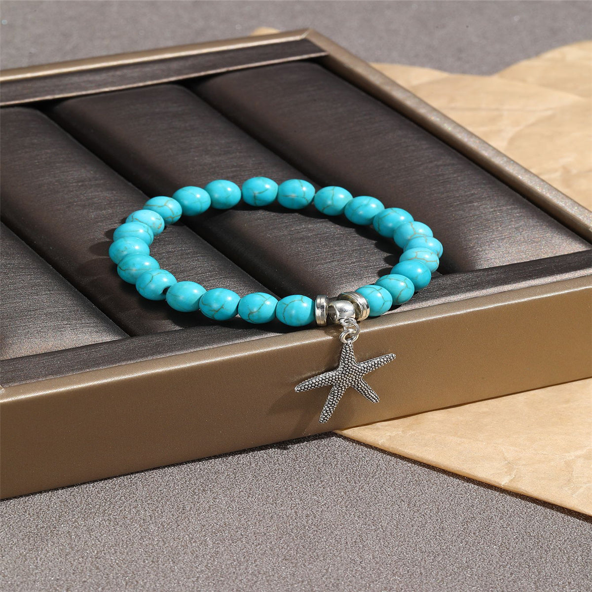 Turquoise and Silver-Plated Starfish Beaded Stretch Bracelet, silver bracelet for women, lifestyle look