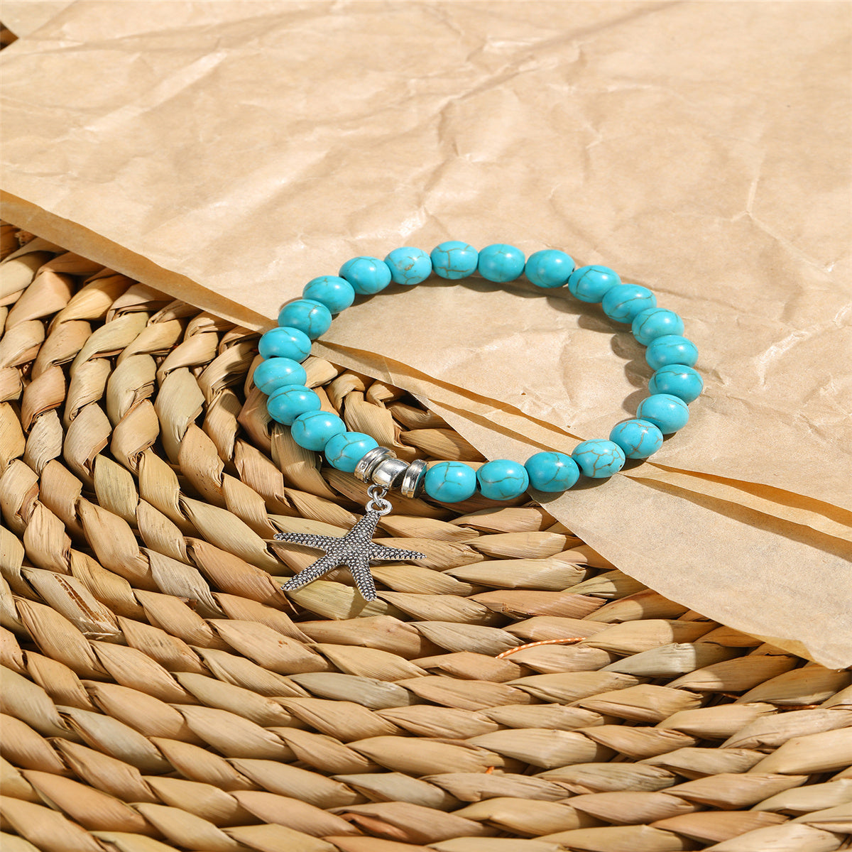 Turquoise and Silver-Plated Starfish Beaded Stretch Bracelet, silver bracelet for women, dainty minimalist design, side view