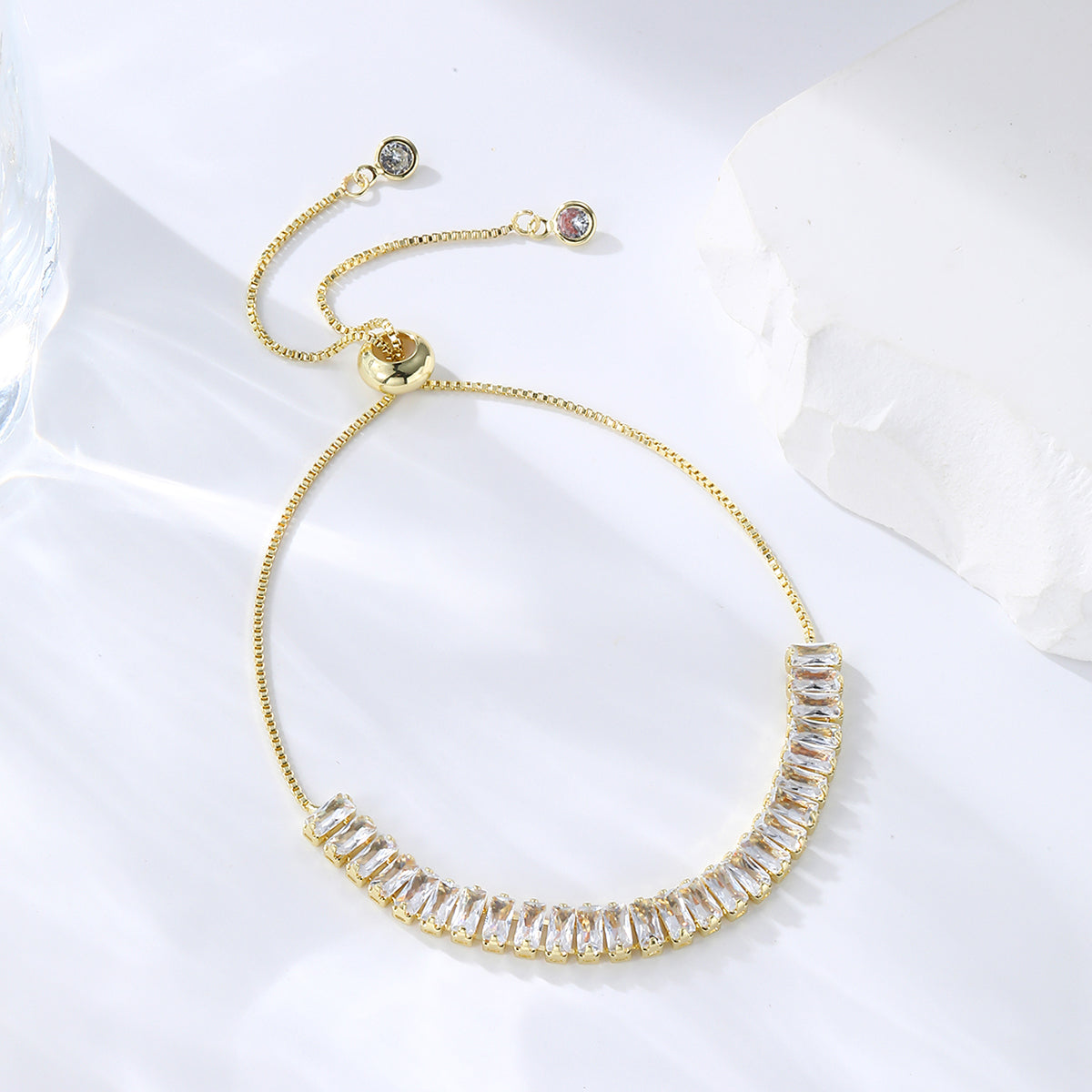Crystal and 18K Gold-Plated Rectangle Adjustable Bracelet, gold bracelet for women, elegant gift for her, front view