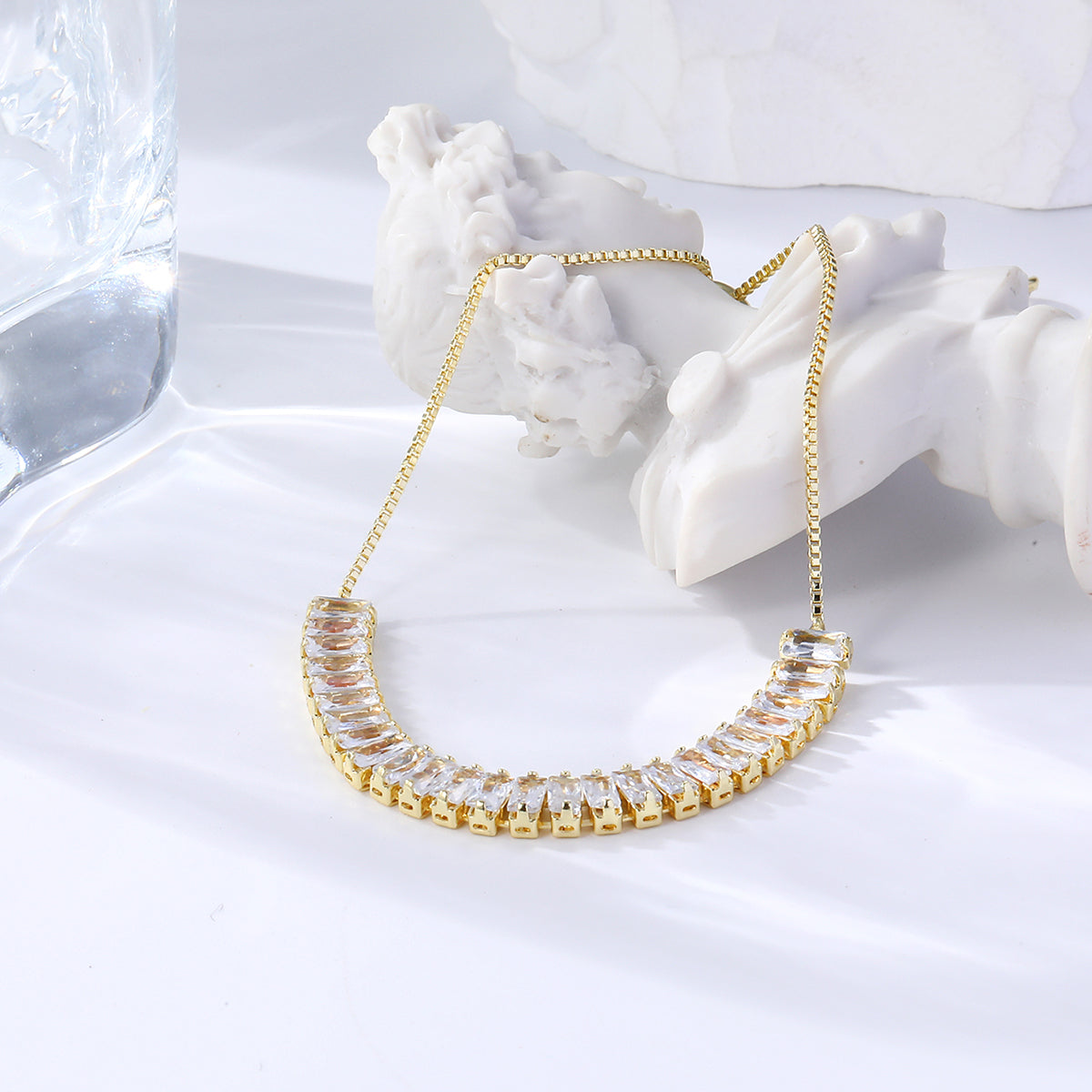 Crystal and 18K Gold-Plated Rectangle Adjustable Bracelet, gold bracelet for women, elegant gift for her, detail close-up