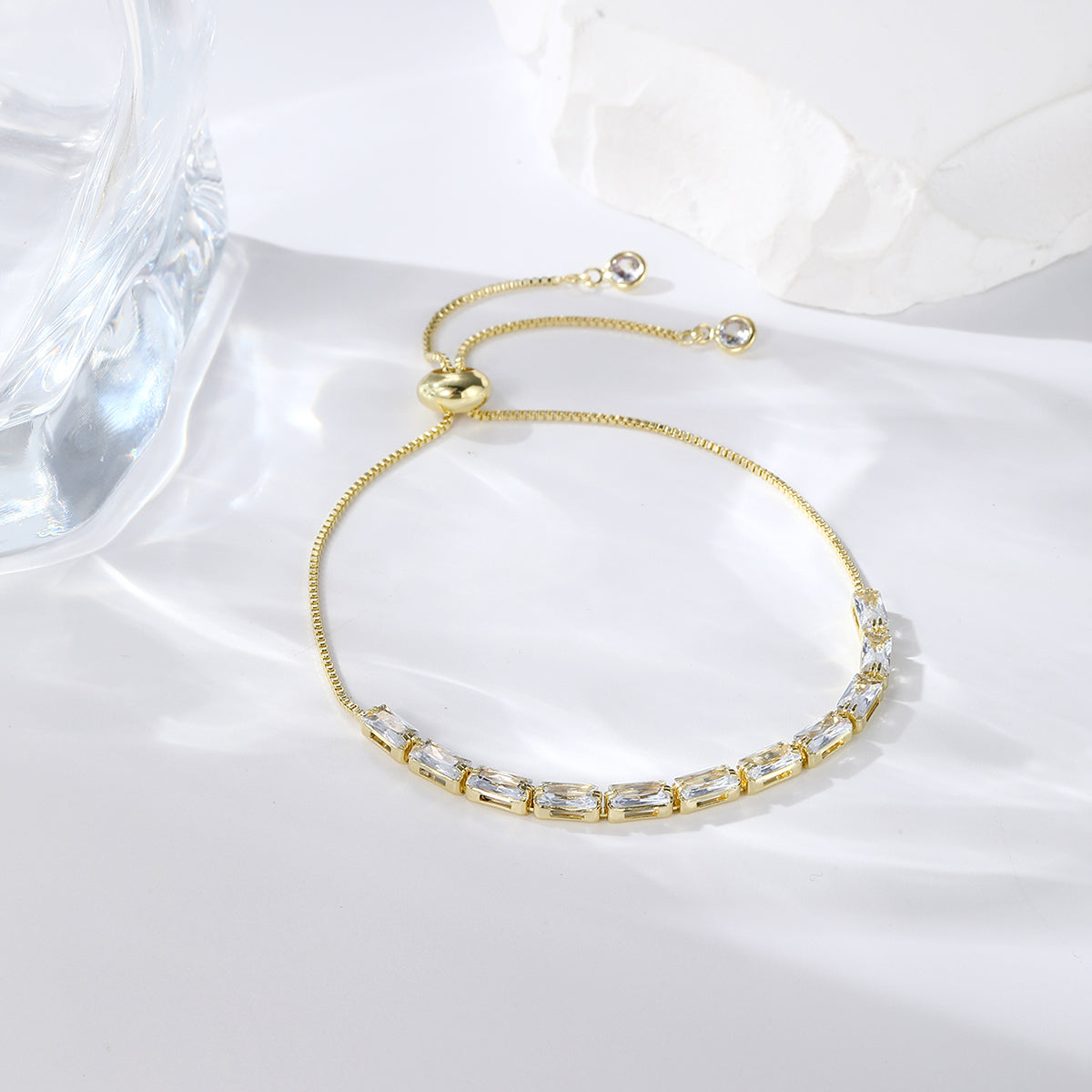 Crystal and 18K Gold-Plated Rectangle Adjustable Bracelet, gold bracelet for women, dainty minimalist design, front view