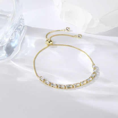 Crystal and 18K Gold-Plated Rectangle Adjustable Bracelet, gold bracelet for women, dainty minimalist design, front view