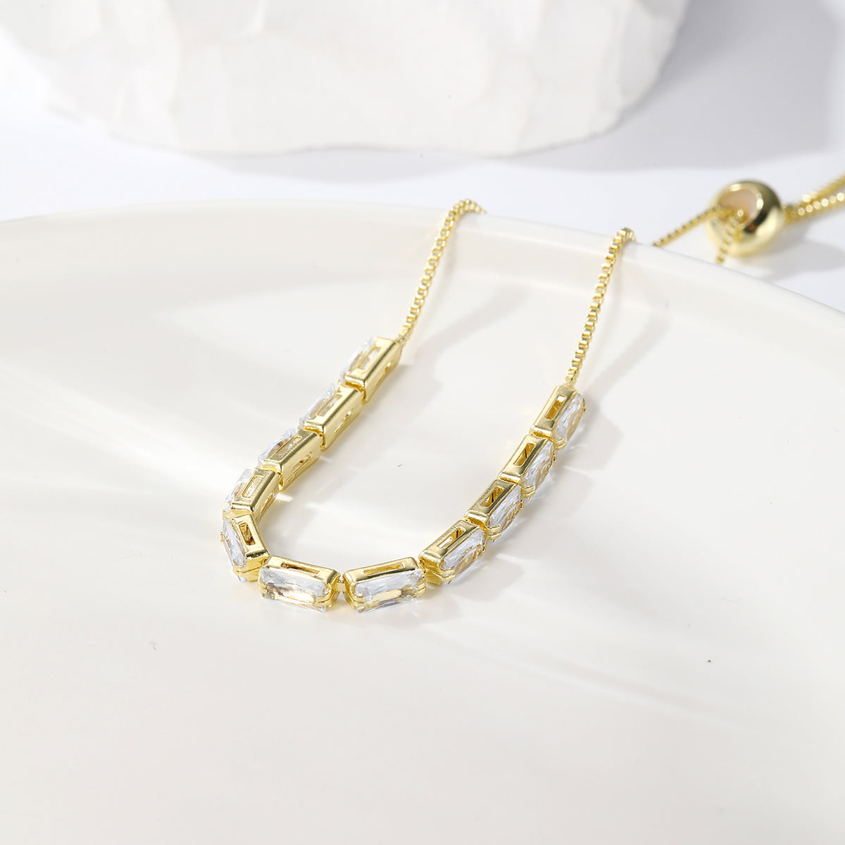 Crystal and 18K Gold-Plated Rectangle Adjustable Bracelet, gold bracelet for women, dainty minimalist design, side view