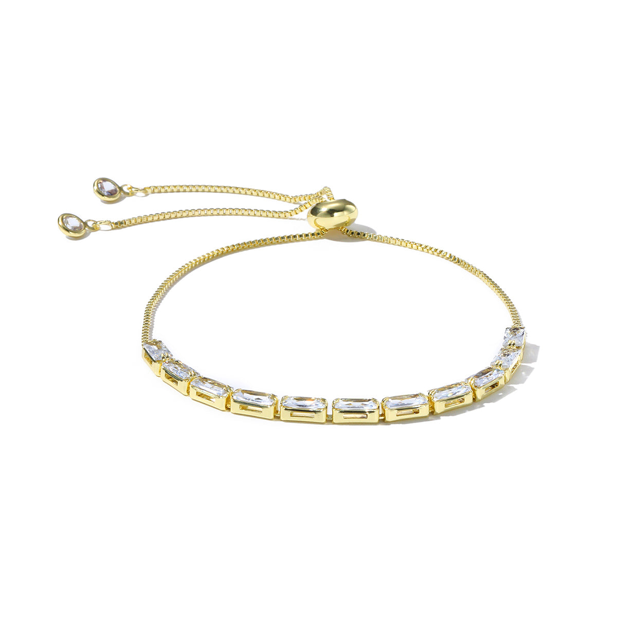Crystal and 18K Gold-Plated Rectangle Adjustable Bracelet, gold bracelet for women, dainty minimalist design, lifestyle look
