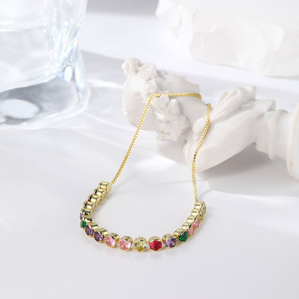 Multicolor Crystal and 18K Gold-Plated Round Adjustable Bracelet, gold bracelet for women, elegant gift for her, side view