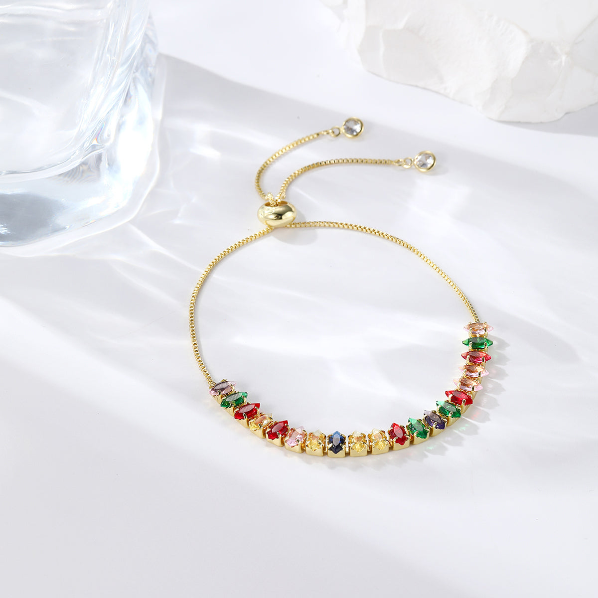 Green Crystal and 18K Gold-Plated Marquise Adjustable Bracelet, gold bracelet for women, elegant gift for her, front view