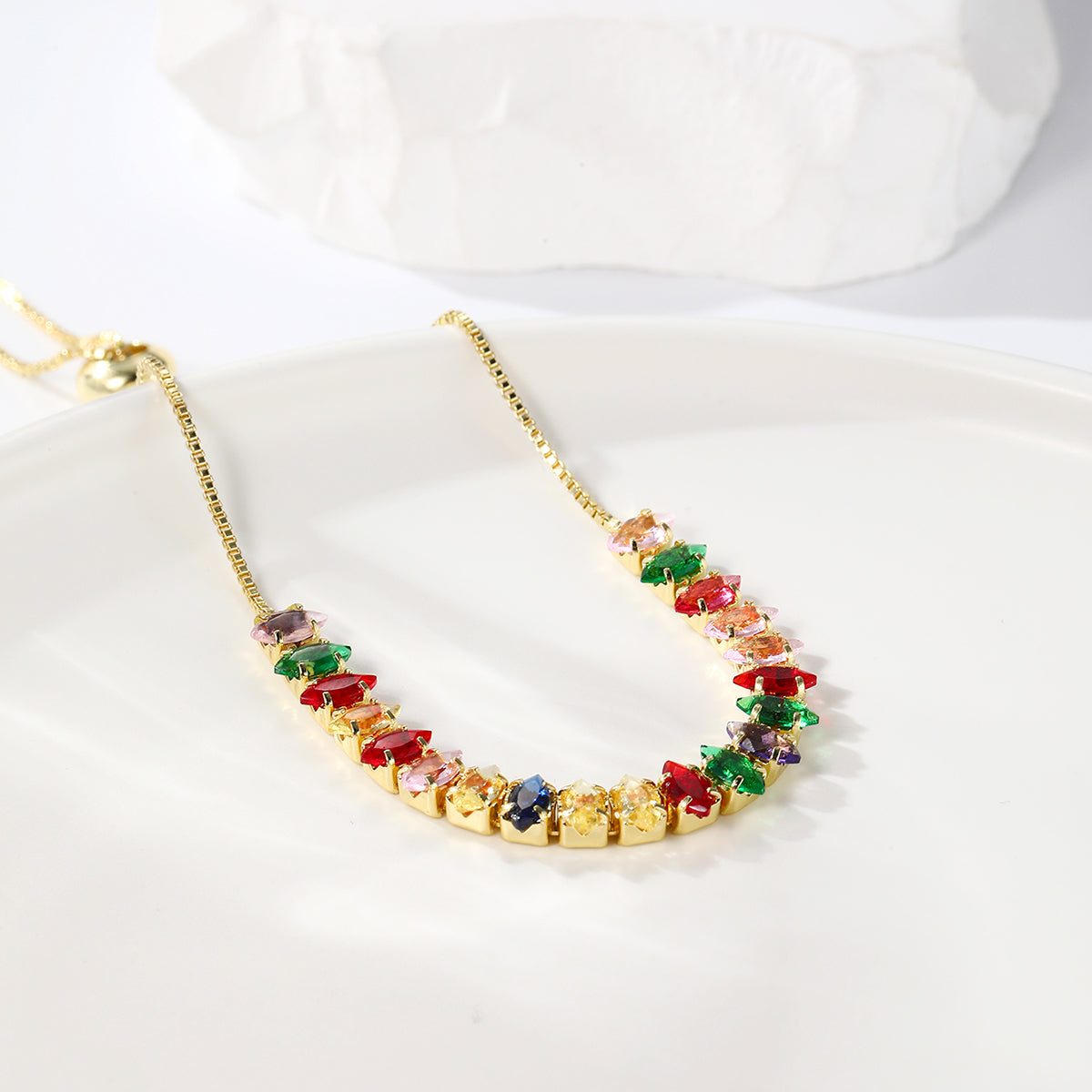 Green Crystal and 18K Gold-Plated Marquise Adjustable Bracelet, gold bracelet for women, elegant gift for her, side view