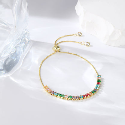 Green Crystal and 18K Gold-Plated Square Adjustable Bracelet, gold bracelet for women, dainty minimalist design, front view