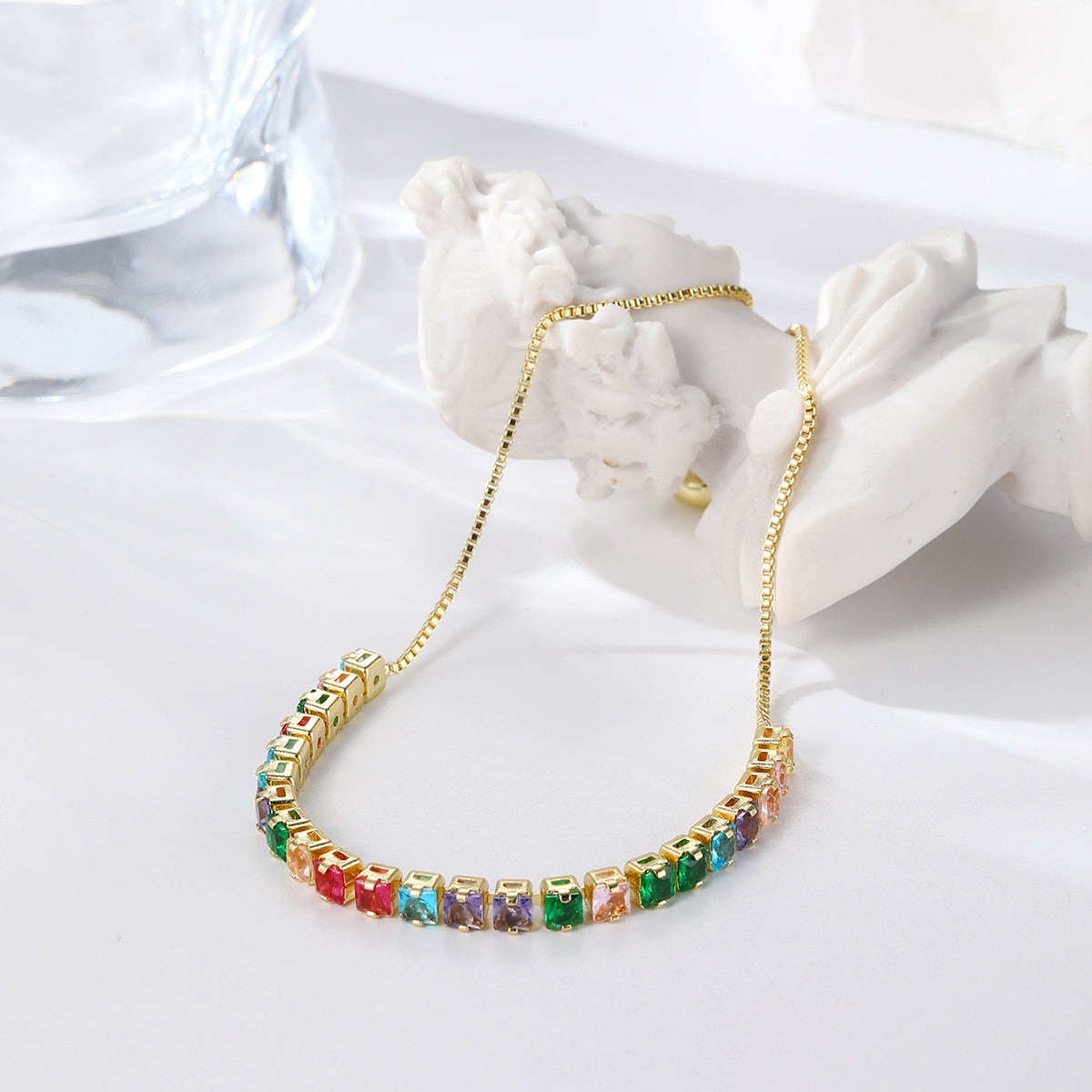 Green Crystal and 18K Gold-Plated Square Adjustable Bracelet, gold bracelet for women, dainty minimalist design, side view