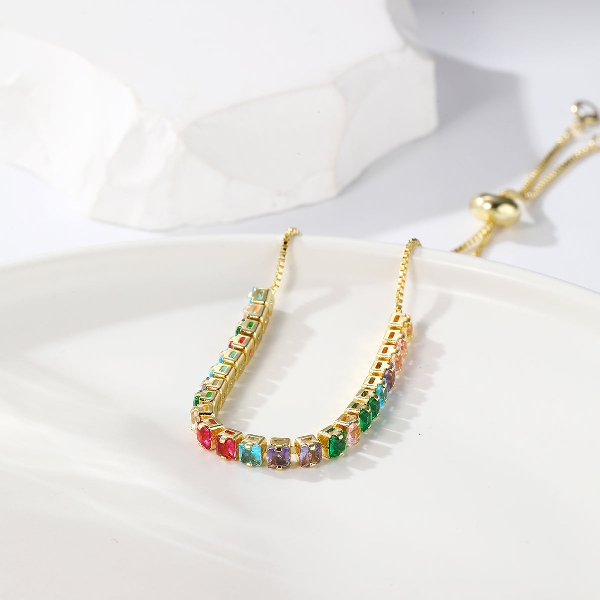 Green Crystal and 18K Gold-Plated Square Adjustable Bracelet, gold bracelet for women, detail close-up