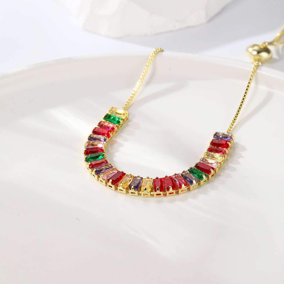 Multicolor Crystal and 18K Gold-Plated Rectangle Adjustable Bracelet, gold bracelet for women, everyday style, side view