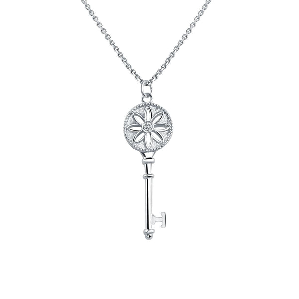 Cubic Zirconia & Silvertone Floral Key Pendant Necklace