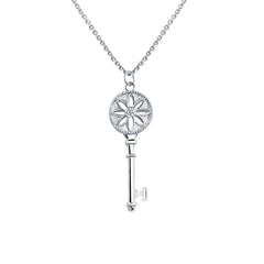 Cubic Zirconia & Silver-Plated Floral Key Pendant Necklace
