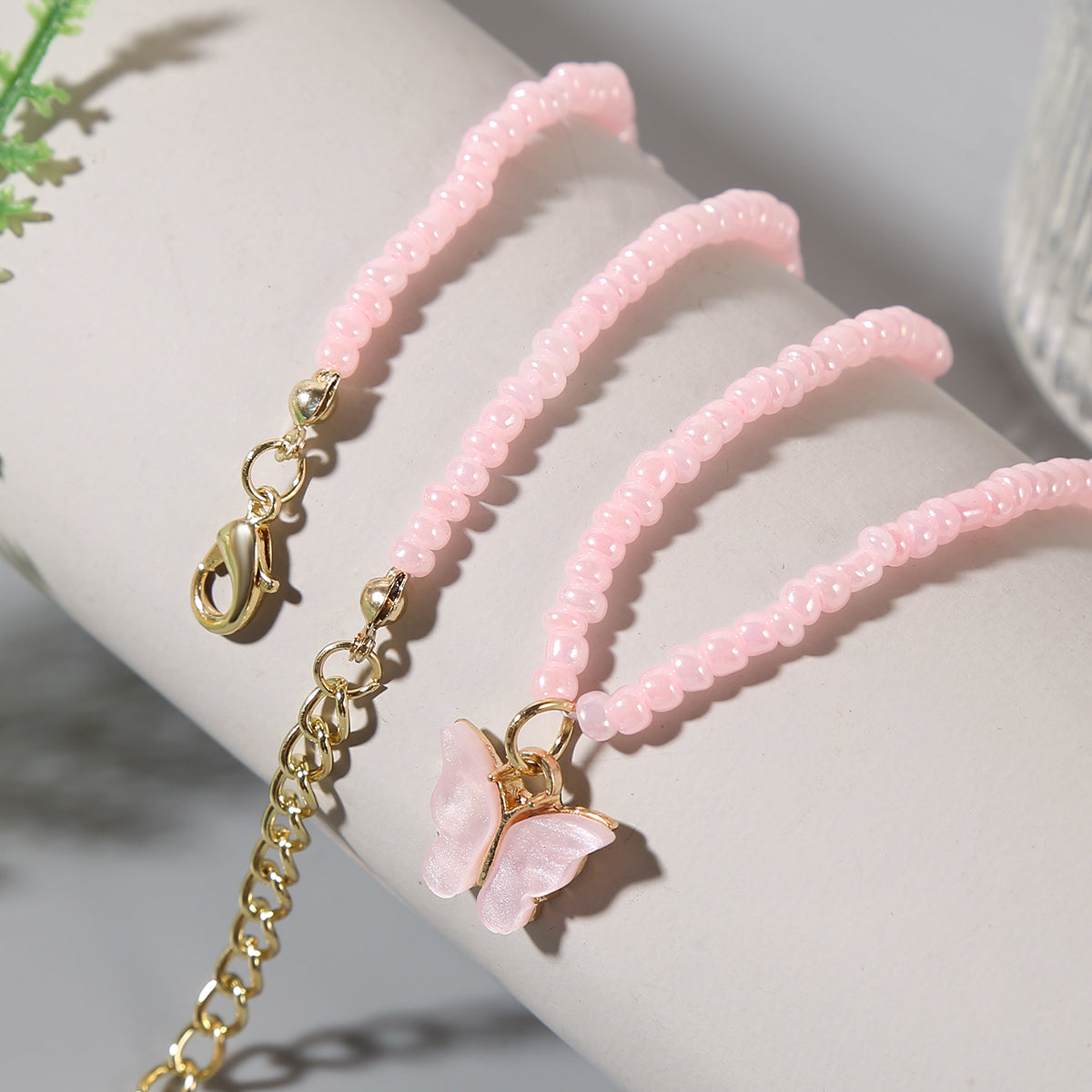 Pink Howlite and Acrylic 18K Gold-Plated Butterfly Pendant Necklace, gold pendant necklace for women, front view