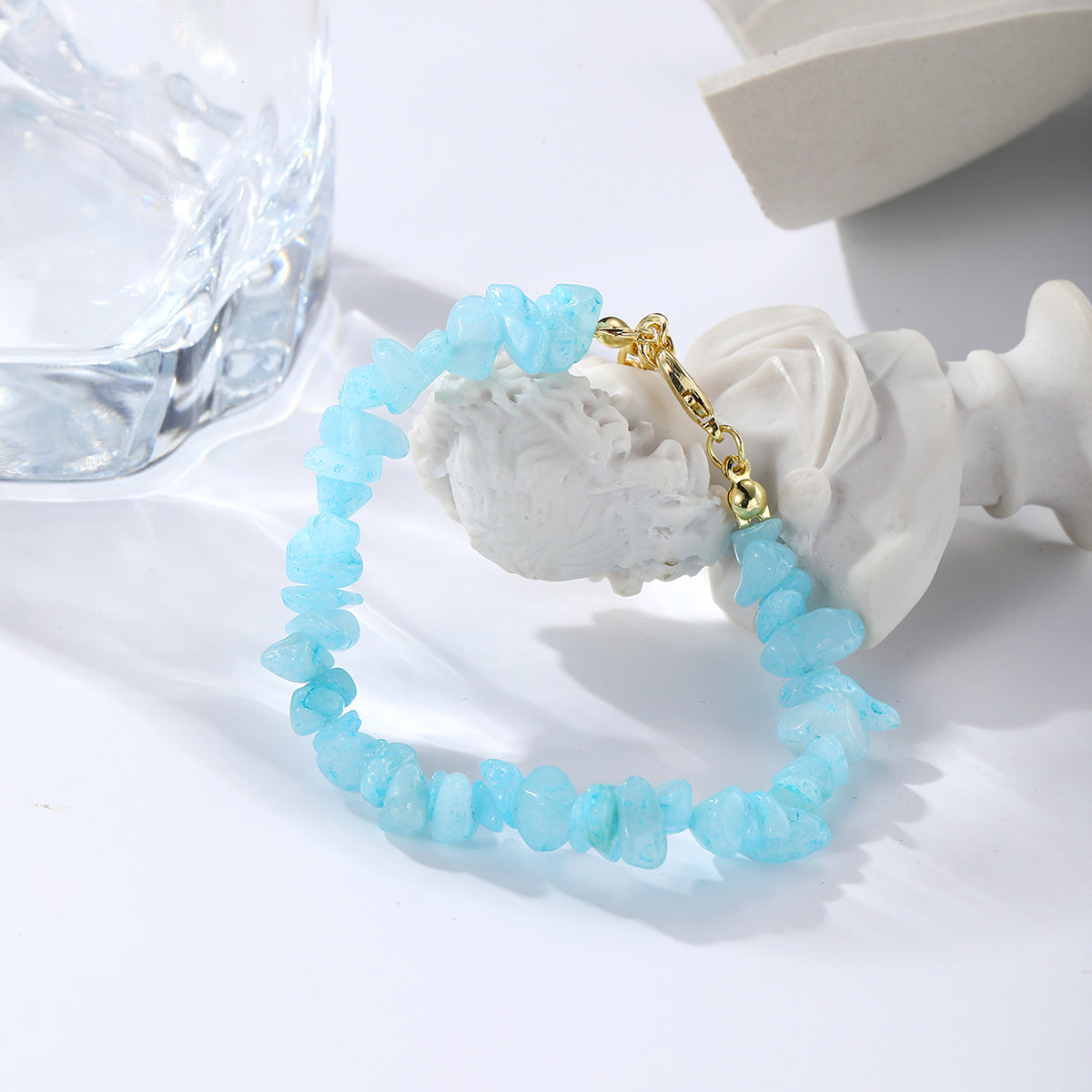 Light Blue Resin and 18K Gold-Plated Bracelet, gold bracelet for women, botanical inspired, side view