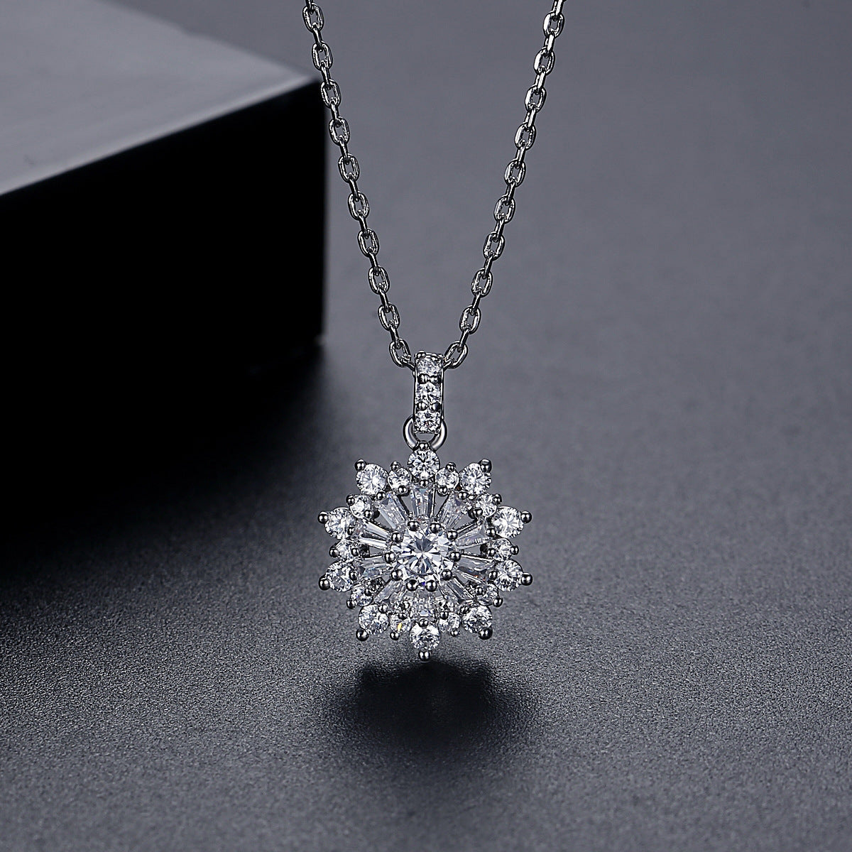 Crystal and Silver-Plated Flower Pendant Necklace, silver pendant necklace for women, elegant gift for her, side view