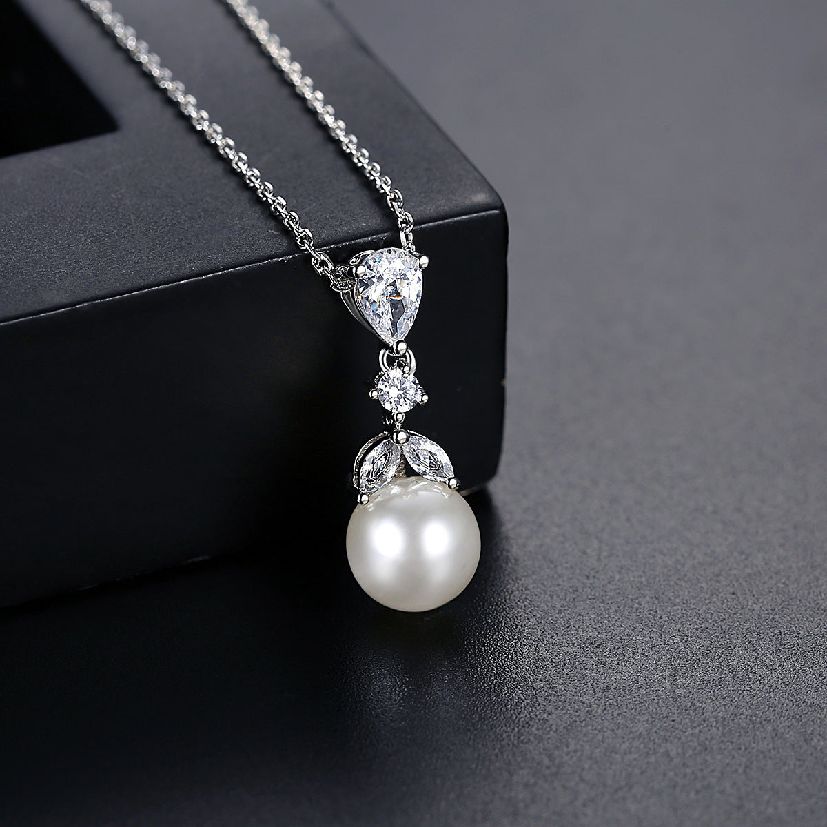 Crystal and Pearl Silver-Plated Drop Pendant Necklace, silver pendant necklace for women, dainty minimalist design, side view