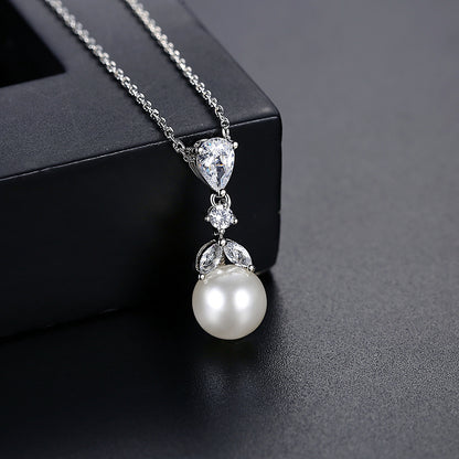 Crystal and Pearl Silver-Plated Drop Pendant Necklace, silver pendant necklace for women, dainty minimalist design, side view