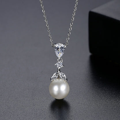 Crystal and Pearl Silver-Plated Drop Pendant Necklace, silver pendant necklace for women, detail close-up
