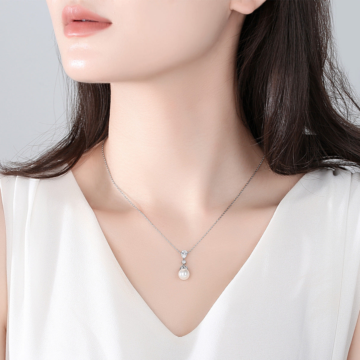 Crystal and Pearl Silver-Plated Drop Pendant Necklace, silver pendant necklace for women, lifestyle look